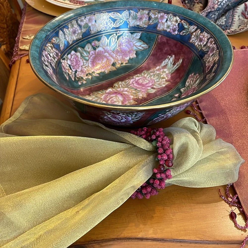 Vintage Floral Decorative Bowl with Gold Accents Andrea by Sadek / Like New